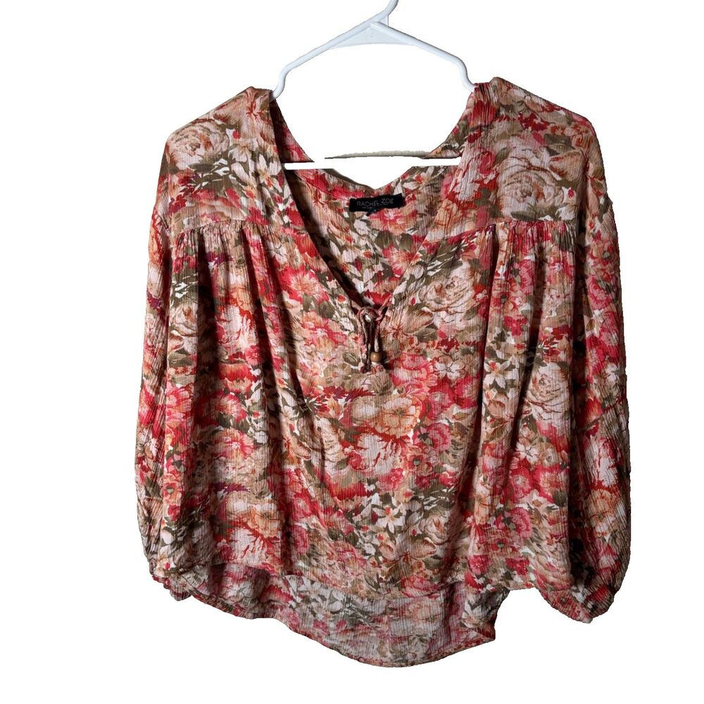 Rachel Zoe Blouse Women's Medium Metallic V-Neck 3/4 Sleeve Floral Top